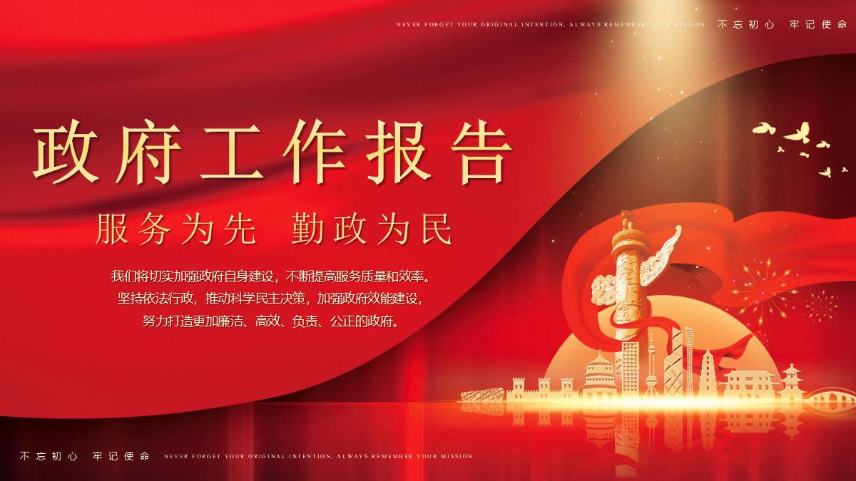 红色城市剪影背景的党政风政府工作报告PPT模板